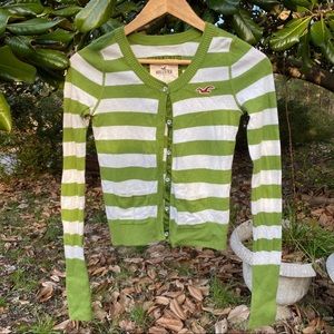 Green and White Striped Cardigan
